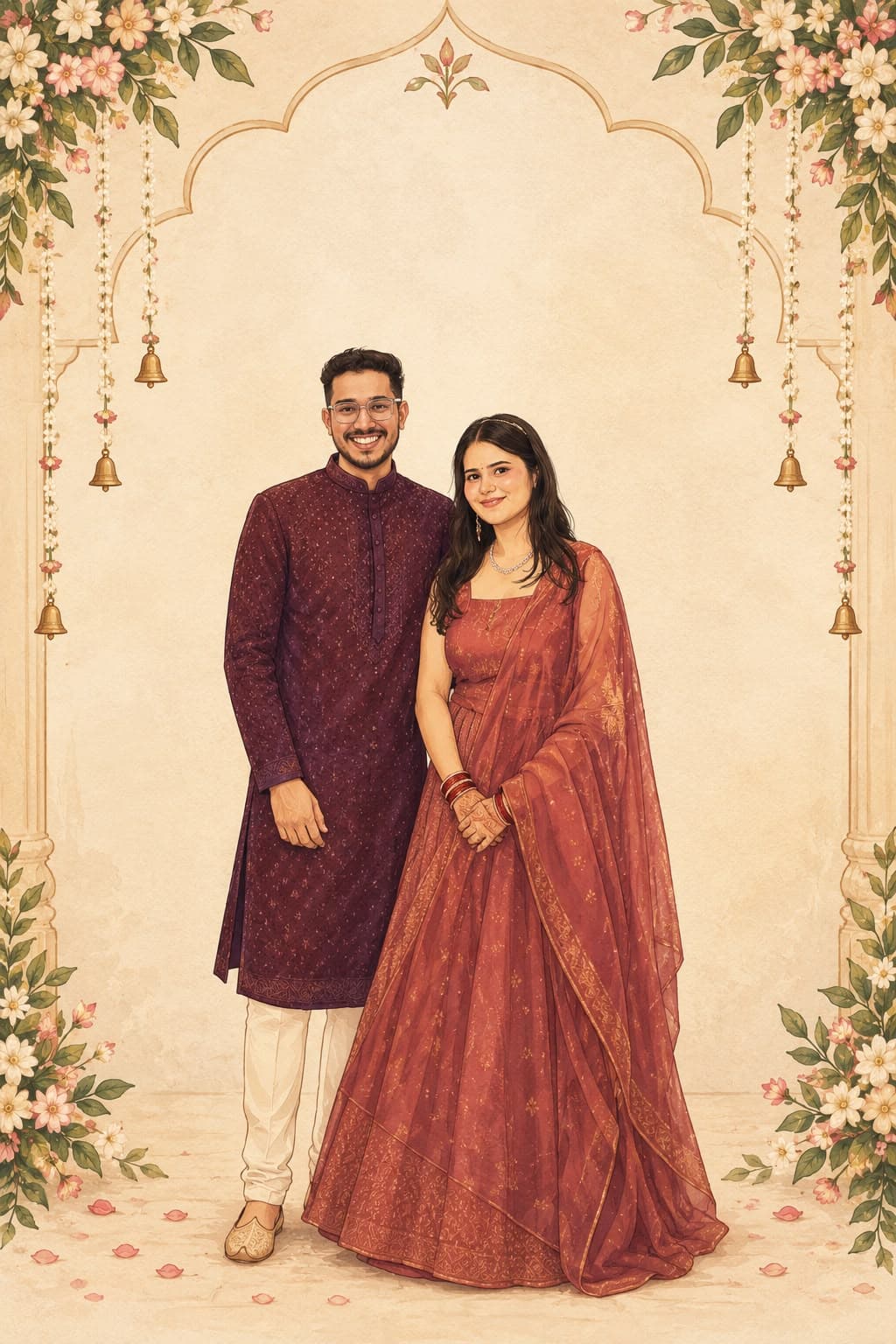 An illustrated portrait of Harsh in a plum kurta and Ami in a rust red lehenga with a sheer dupatta, standing together beneath a floral arch hung with temple bells